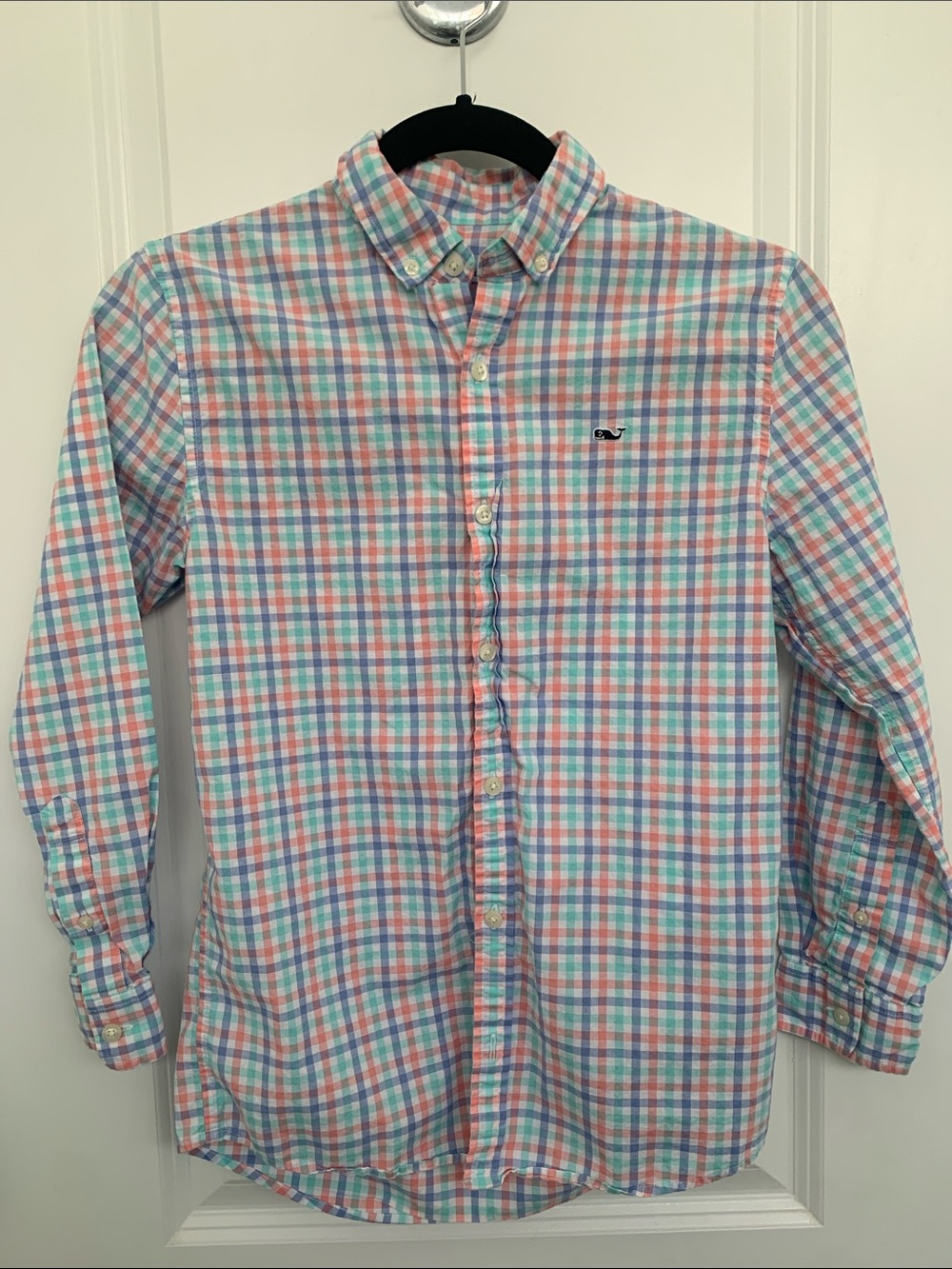 Boys Button-Down Plaid Shirt in Pink, Teal, & Blue